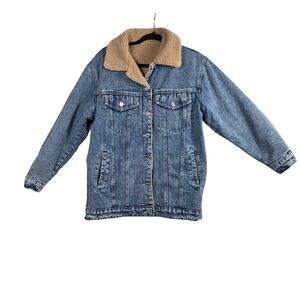 Hengsheng Sherpa Lined Denim Jacket Womens Large Blue Jean Trucker Coat Utility